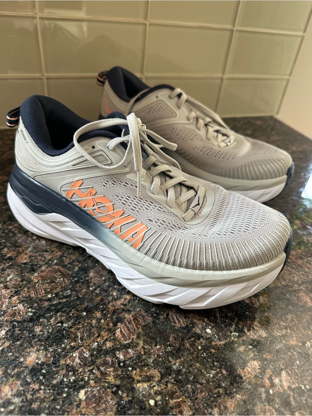 Hoka Neutral Cushion Running Shoes in Light Gray with Coral Logo 7 Wide